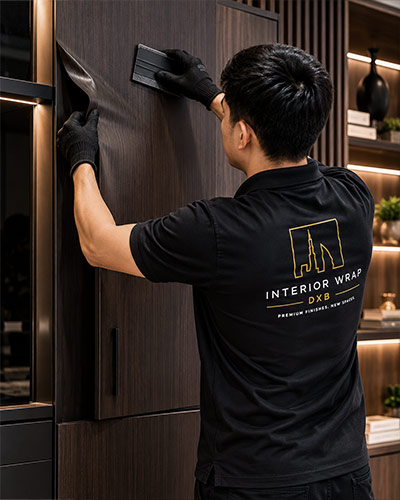 Furniture wrapping installation in Dubai using premium wood finish vinyl