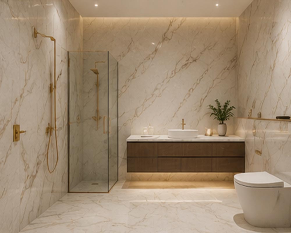 Bathroom wall wrapping with marble finish and moisture-resistant surfaces