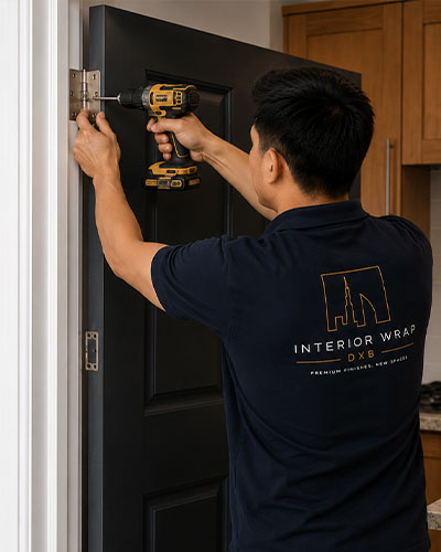 Door wrapping Dubai – professional installer applying premium architectural vinyl film