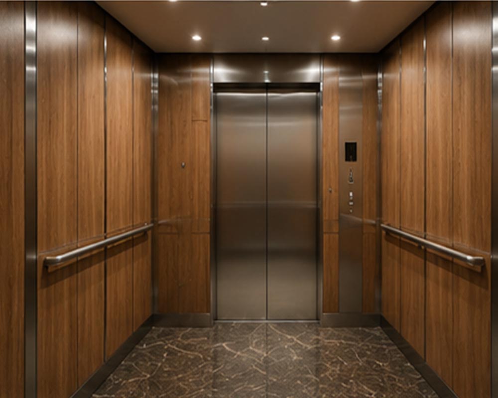 Elevator interior upgraded with premium wood finish wall wrapping