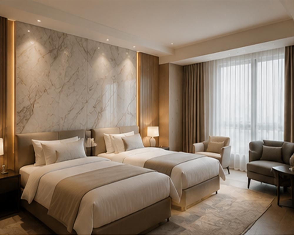 Luxury hotel room featuring premium wrapped wall panels