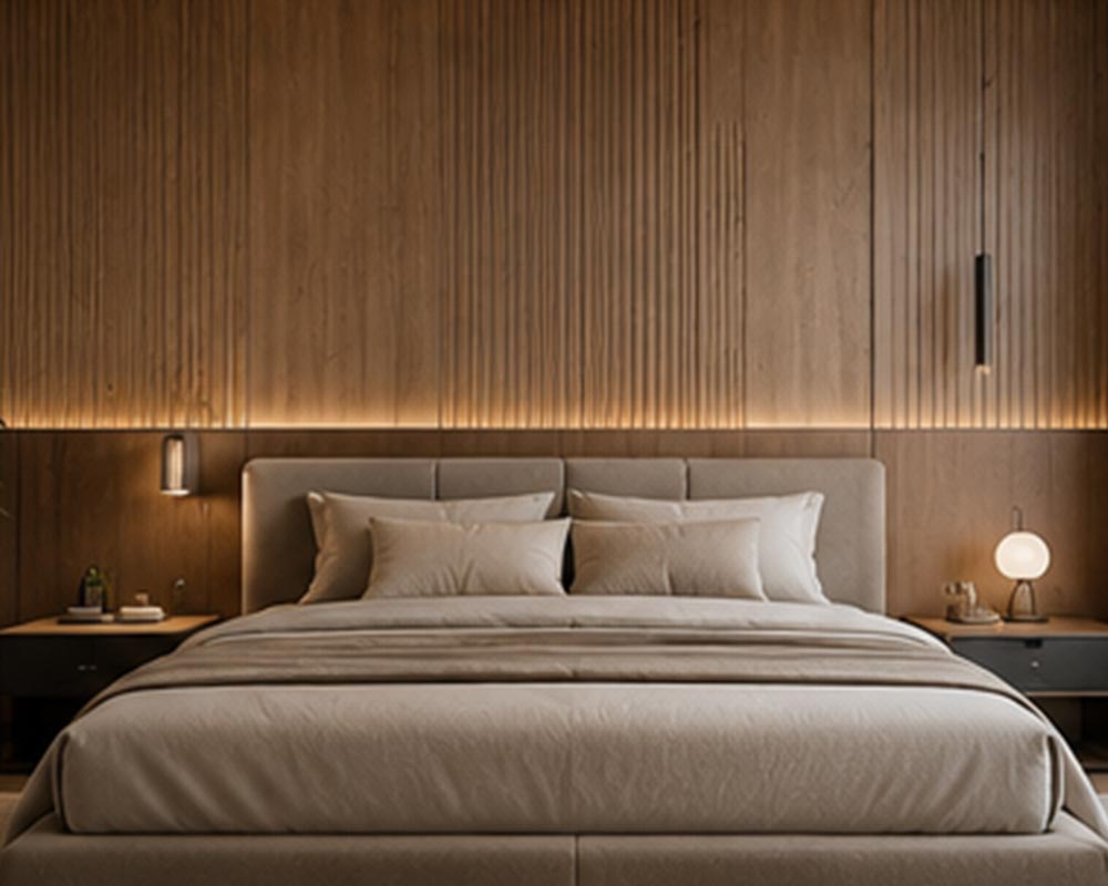 Bedroom accent wall with wood finish interior wrapping