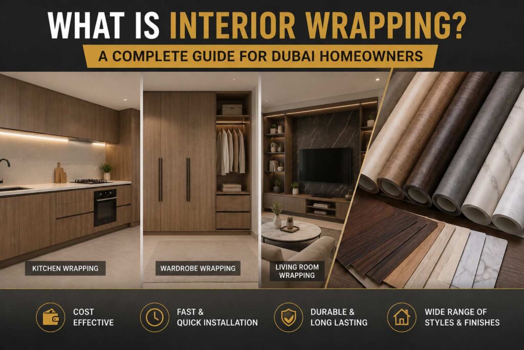 Interior wrapping in Dubai transforming kitchen cabinets, doors, and surfaces without demolition