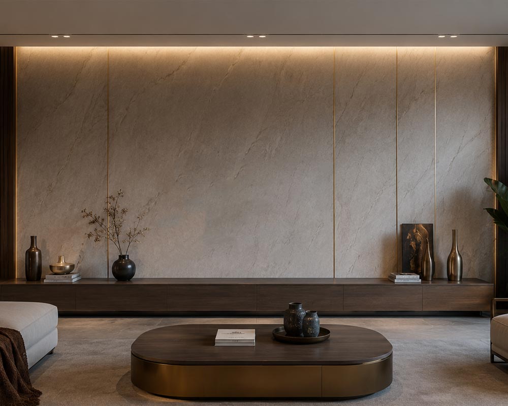 Modern living room with decorative wall wrapping and premium interior finishes