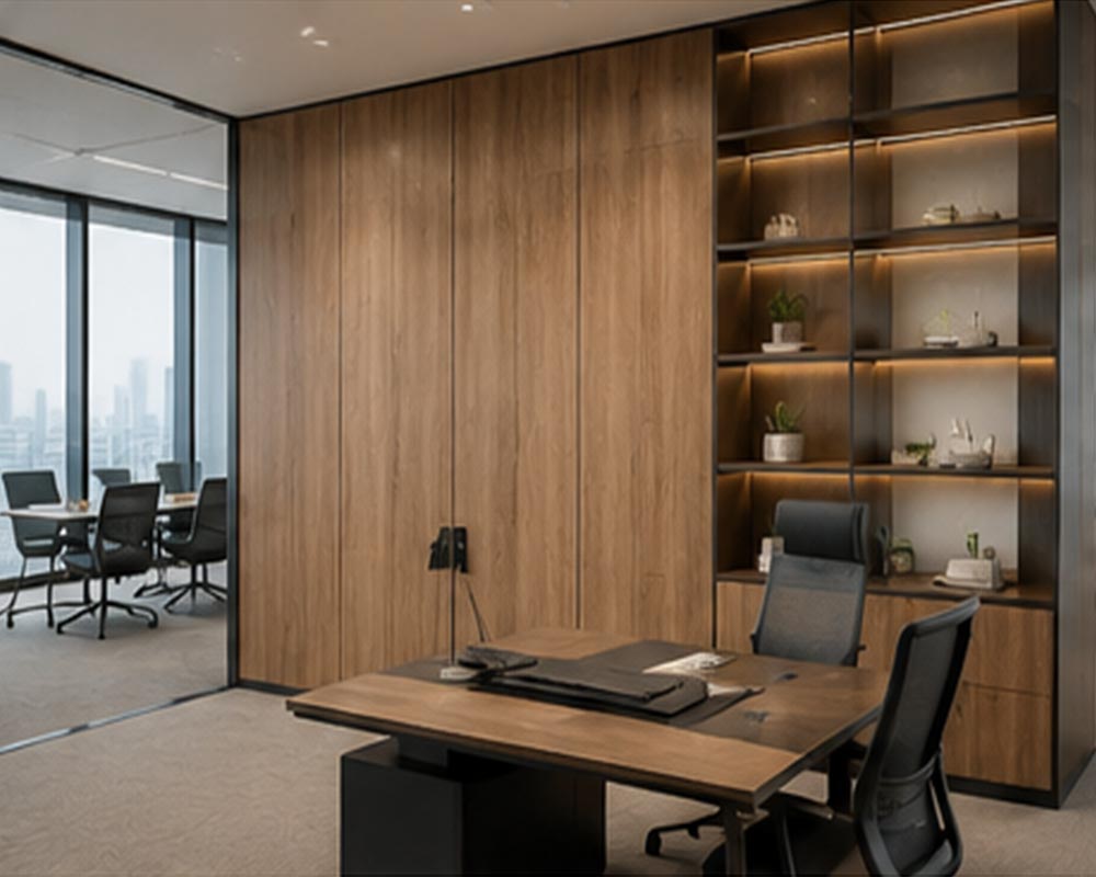 Contemporary office interior with wood texture wall wrapping