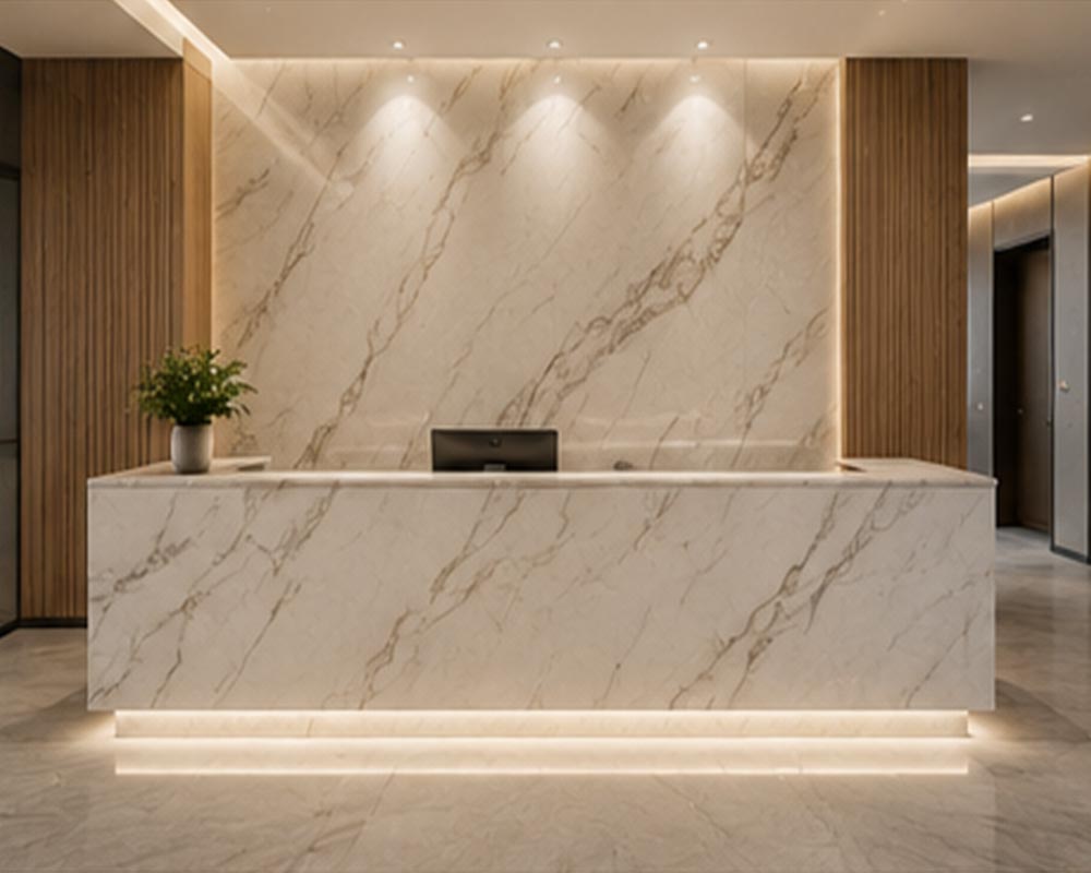 Modern reception area with marble wall wrapping and elegant interior design