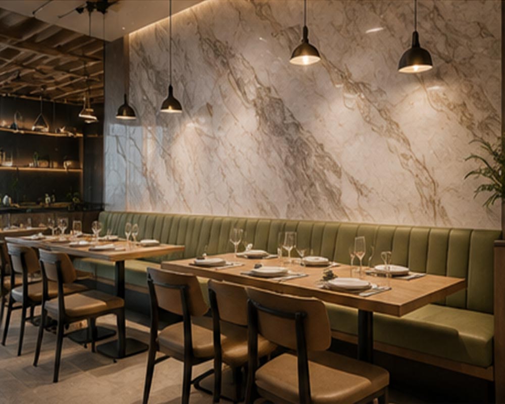 Restaurant interior featuring decorative wall wrap finishes