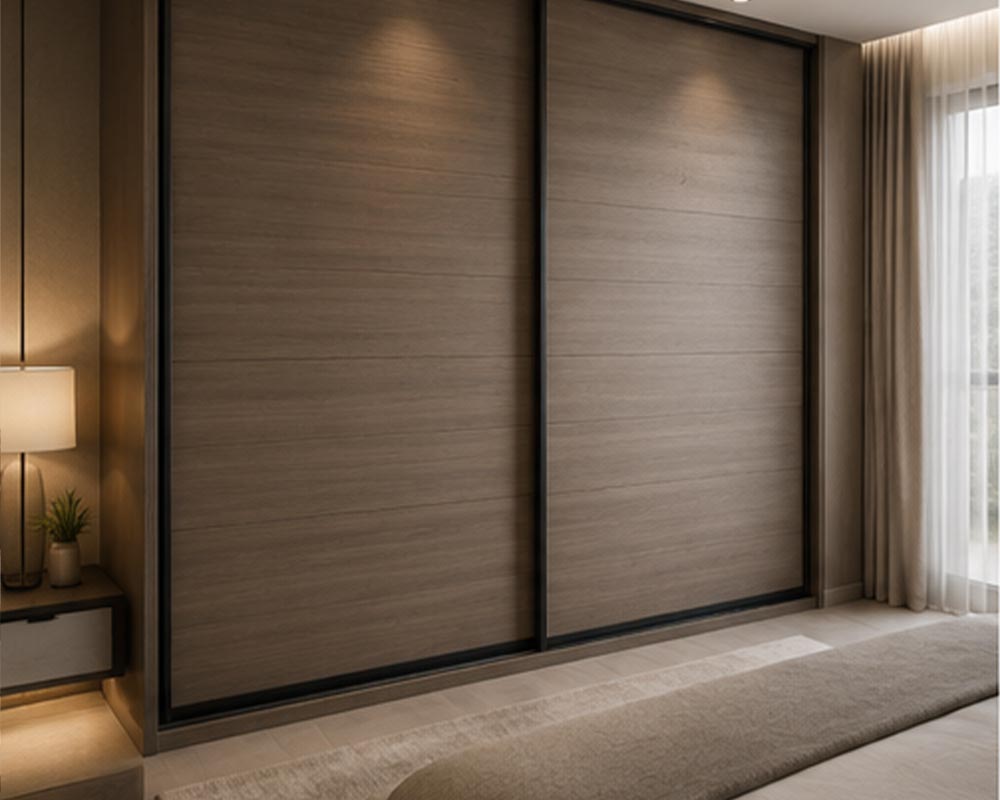 Modern sliding wardrobe wrapping with premium wood finish in Dubai