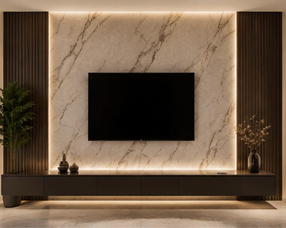 Marble feature wall wrapping behind a television in a contemporary home