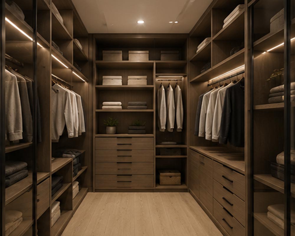 Luxury walk-in closet wrapping with modern wardrobe finishes