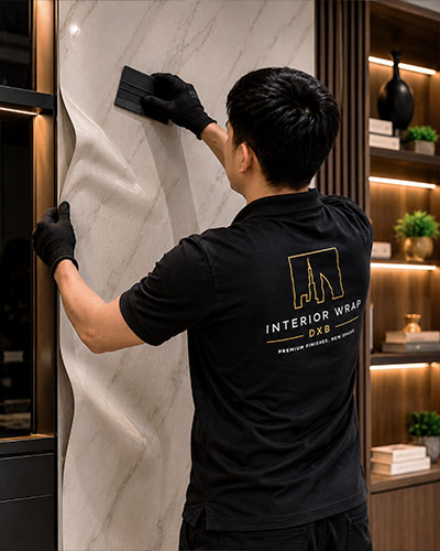 Professional wall wrapping specialist applying marble vinyl film to an interior wall in Dubai