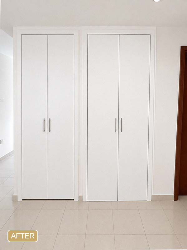 After wardrobe wrapping in Al Warqa, Dubai, featuring a built-in wardrobe finished with premium white matte interior film for a clean, modern look.