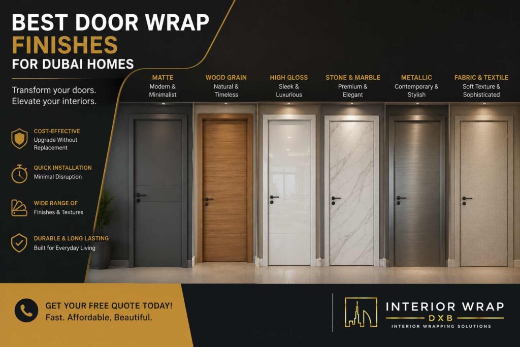 Best door wrap finishes for Dubai homes featuring matte, wood grain, high gloss, marble, metallic, and fabric interior door wrap designs.