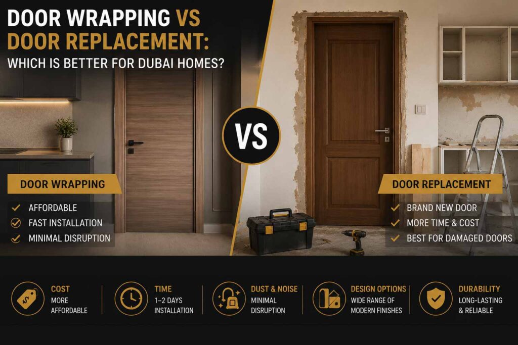 Door wrapping vs door replacement comparison for Dubai homes showing cost, installation time, durability, and design benefits.
