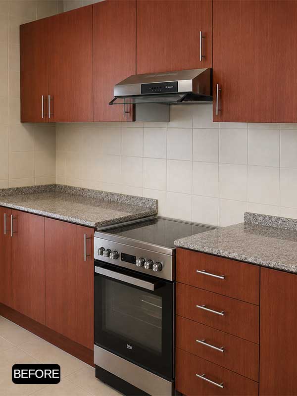 Before kitchen wrapping project in Dubai Marina with original wooden cabinets and granite countertops