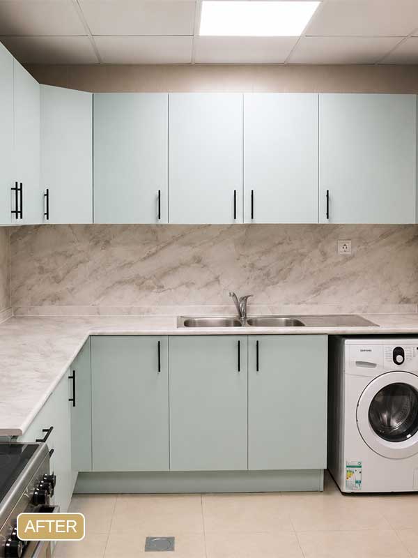 Luxury kitchen transformation after cabinet wrapping in Dubai Marina, Dubai