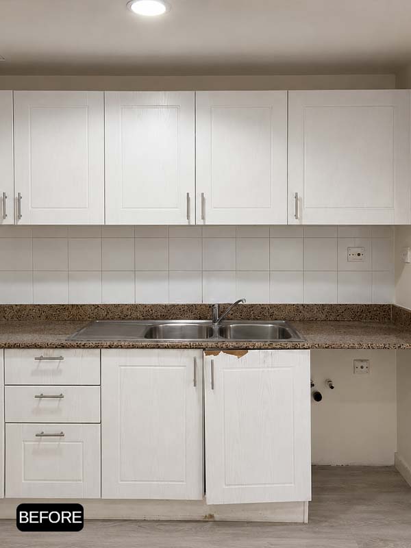 Old kitchen cabinets before white kitchen wrapping project in Dubai