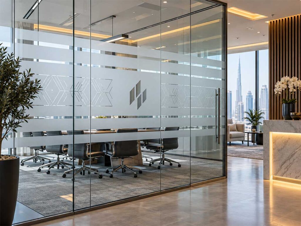 Frosted glass stickers and office branding in a modern Dubai office