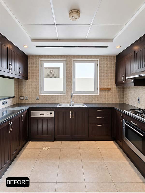 White kitchen cabinet wrapping completed in a Jumeirah Park villa, Dubai