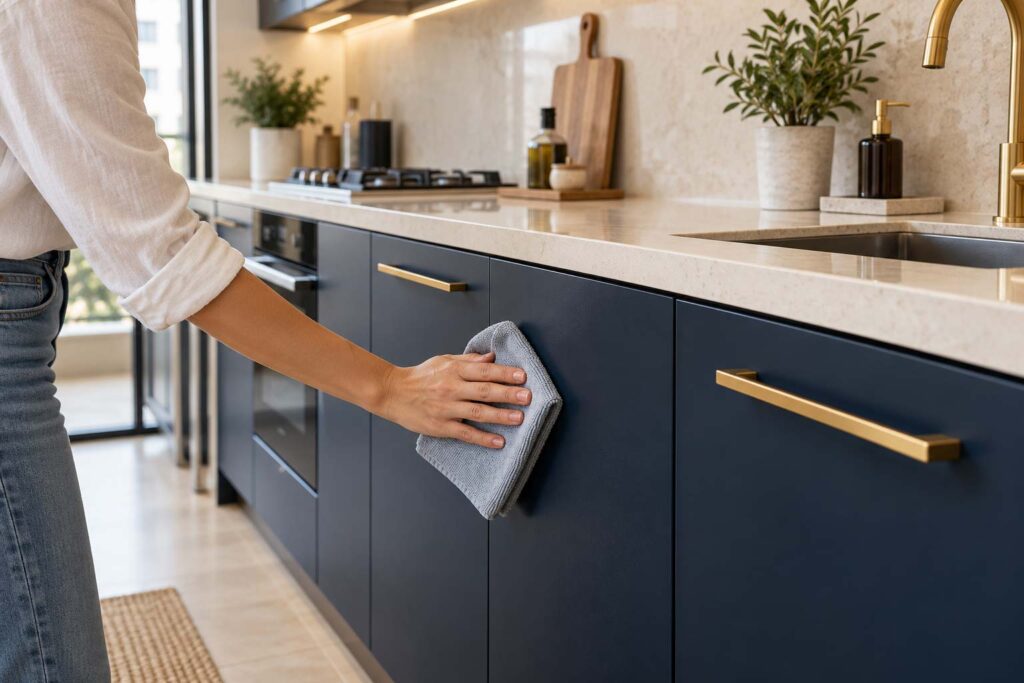 Gentle cleaning of matte navy wrapped kitchen cabinets with a soft microfiber cloth in a Dubai kitchen.